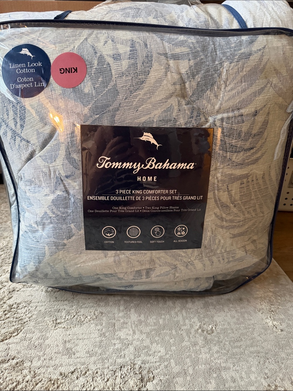 Tommy Bahama King Comforter Set - Blue and White Leaf Pattern